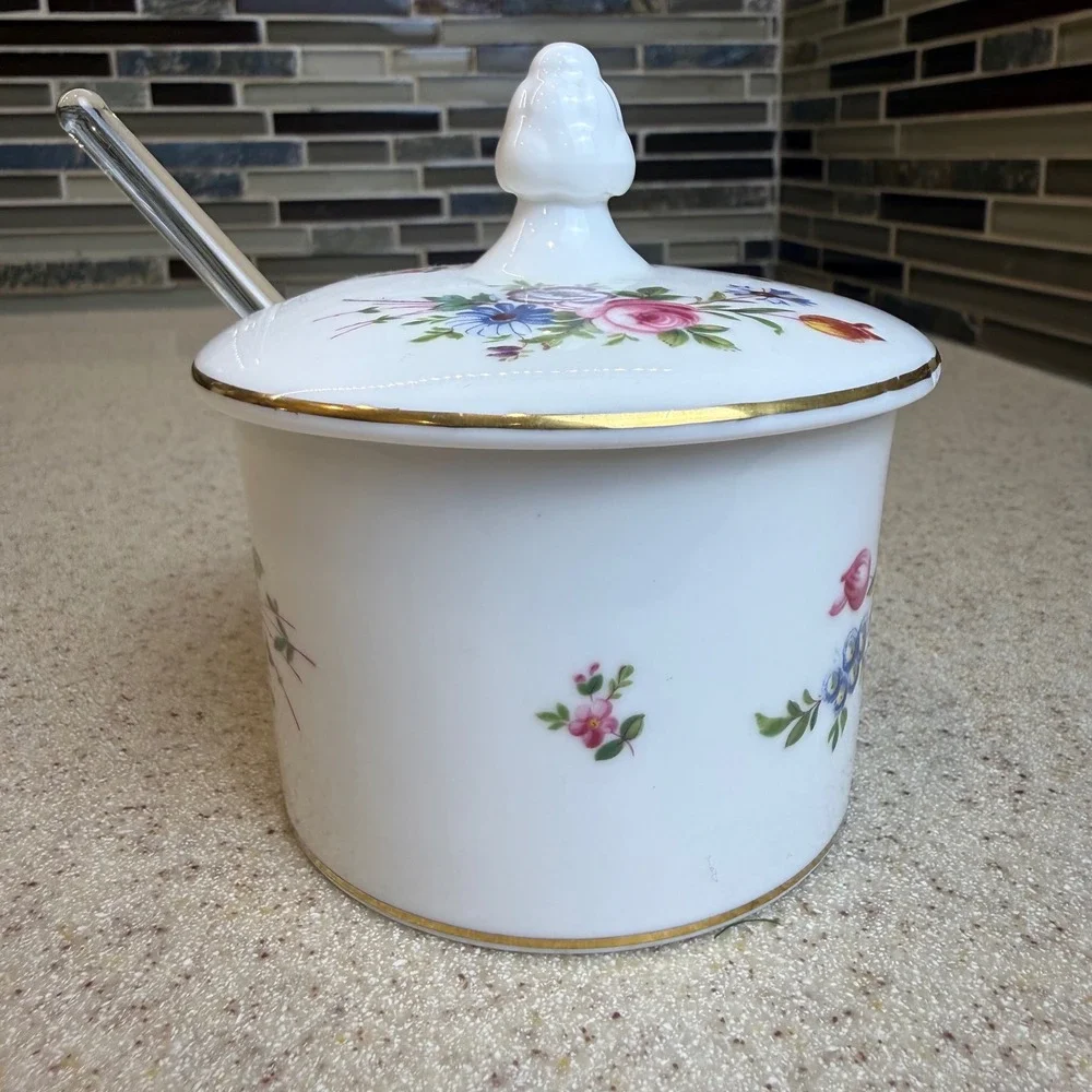 Vintage Minton Marlow Bone China Jam Pot w/ Lid & Glass Spoon Floral England